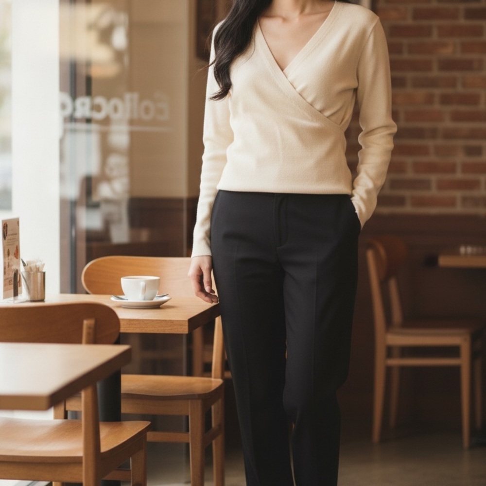 LOFT Cream Cottagecore Mock Wrap Cotton V-Neck Casual Women's Sweater